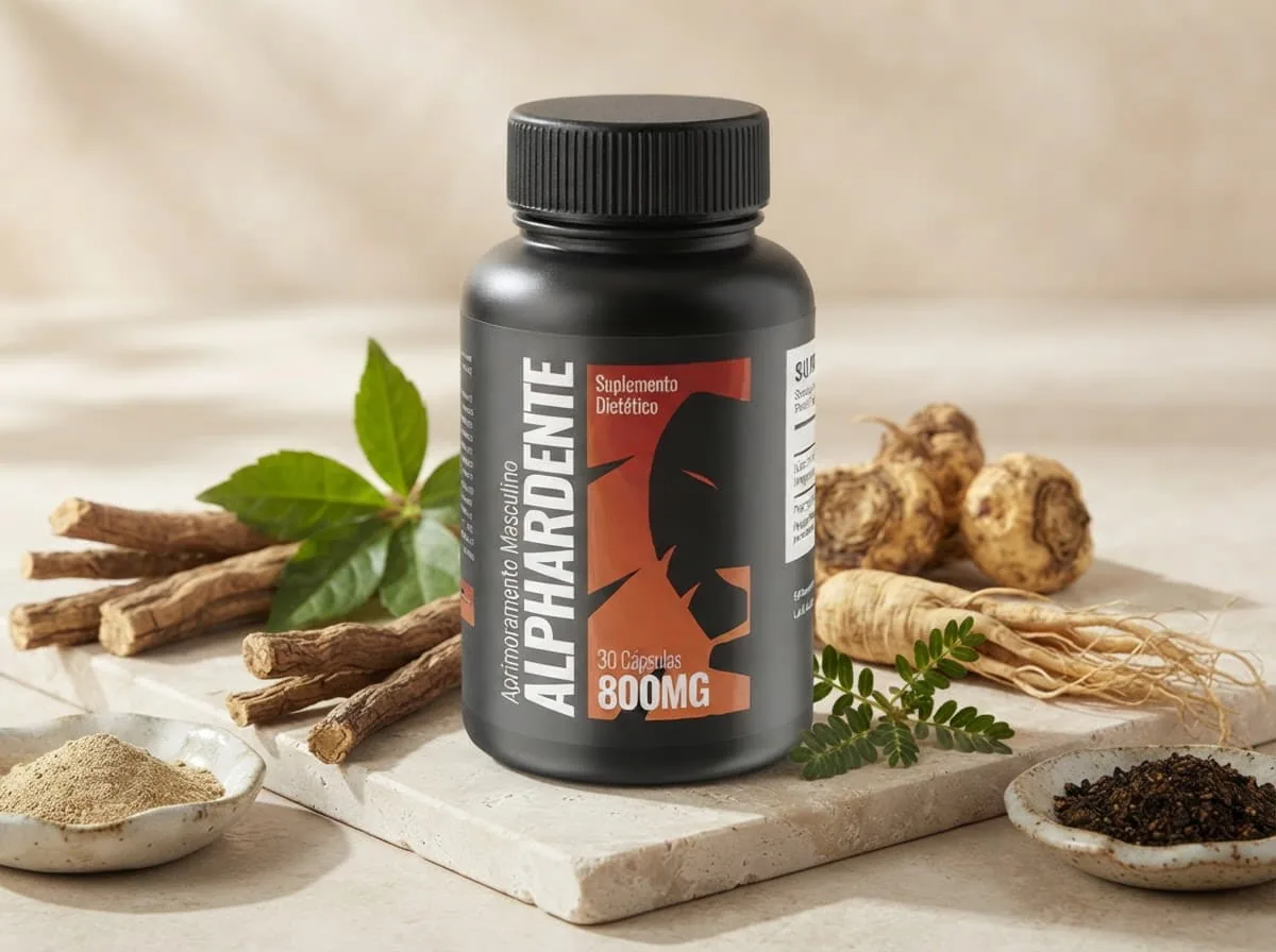 Frasco de Alphardente Cápsulas com raízes de Tongkat Ali, maca e ginseng