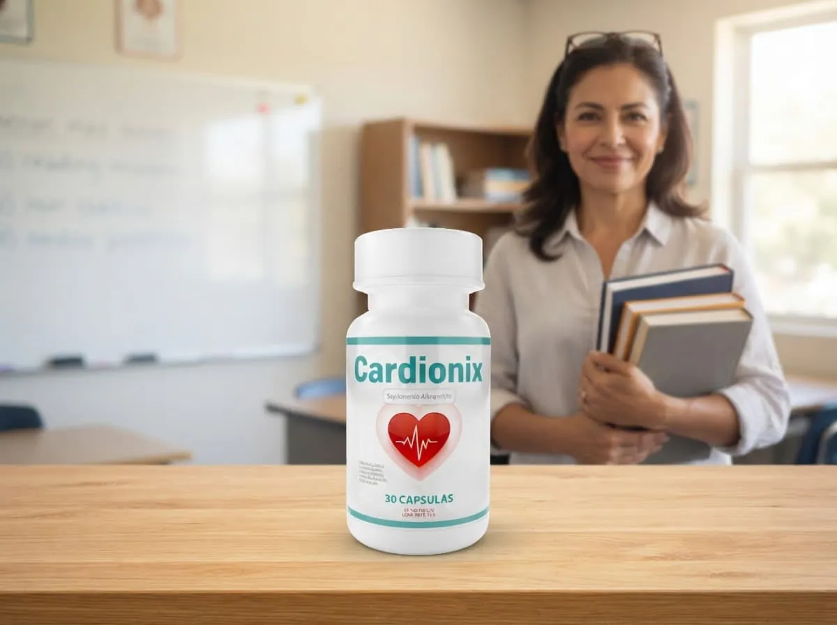 Maestra en un aula con un frasco de Cardionix en primer plano