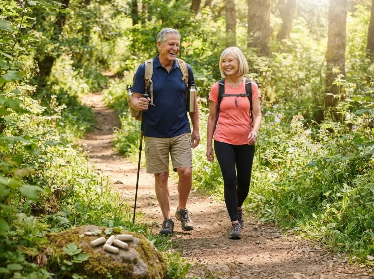 Paar beim Wandern auf einem Waldweg