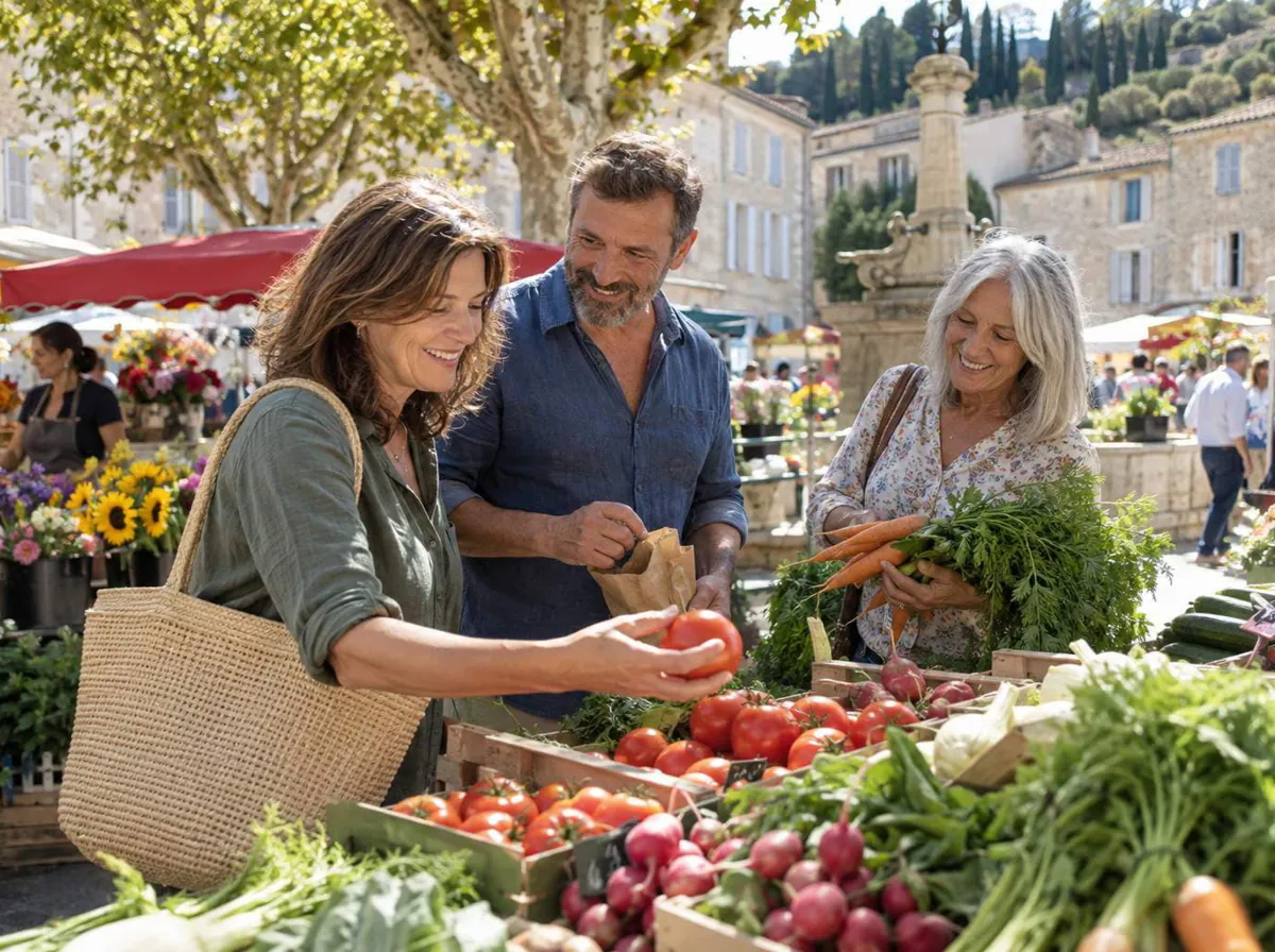 Amis au marché, paniers de légumes frais