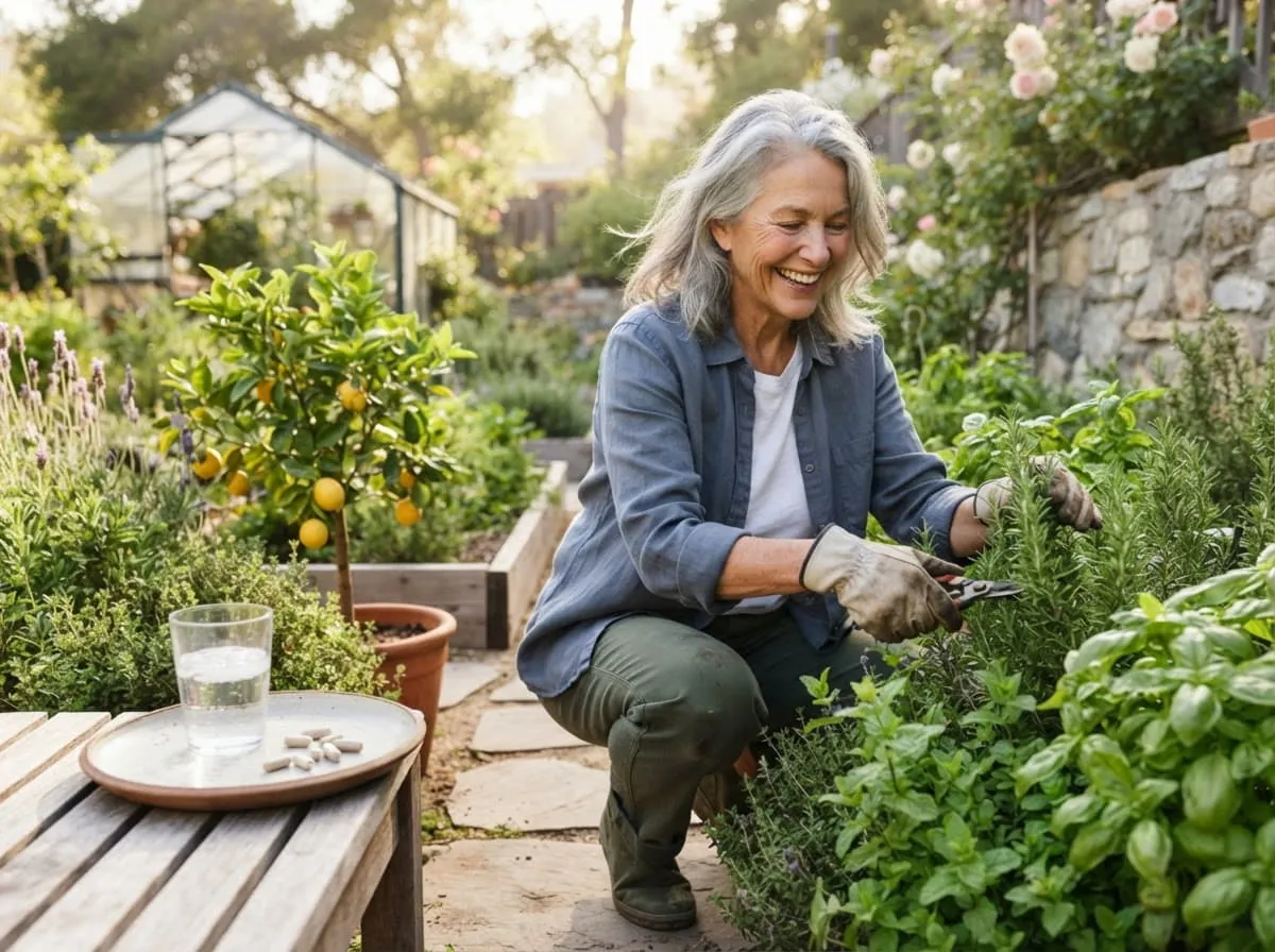 Femme souriante au jardin, occupée à ses plantes