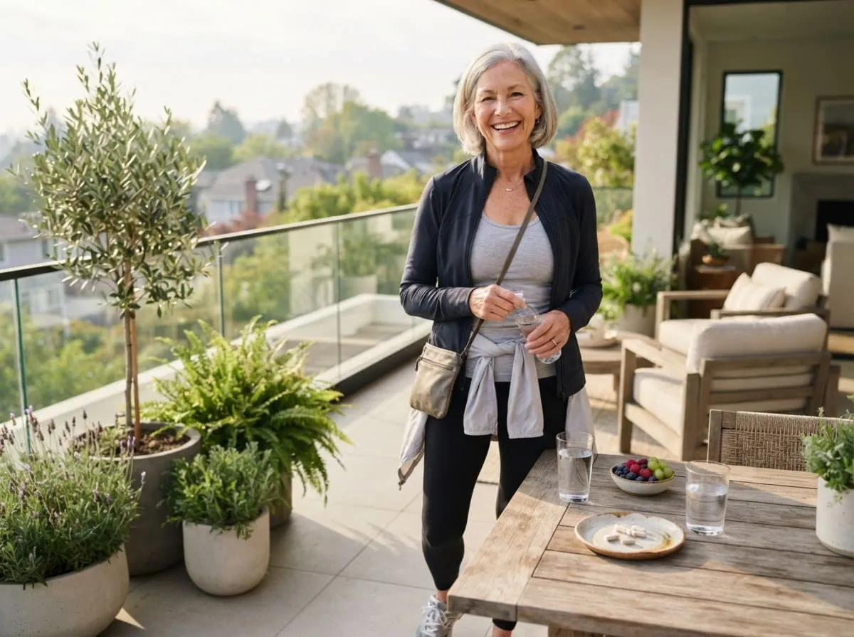 Donna sorridente sulla terrazza di casa