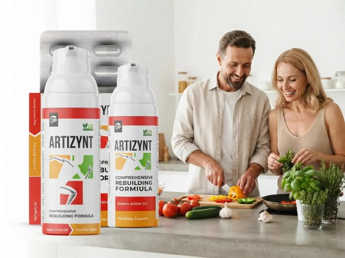Paar beim Kochen, im Vordergrund ArtiZynt Gel und Kapseln