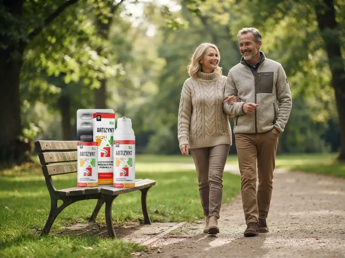 Pareja paseando por el parque, junto al banco las cápsulas y el gel ArtiZynt