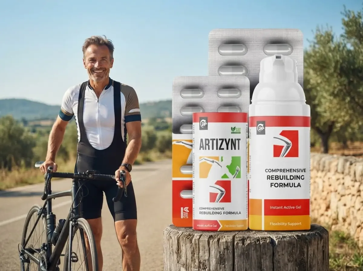 Ciclista sorridente accanto alle confezioni di ArtiZynt
