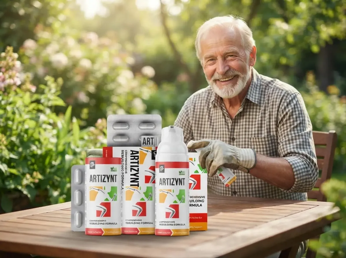 Mann bei der Gartenarbeit, auf dem Tisch ArtiZynt Kapseln und Gel