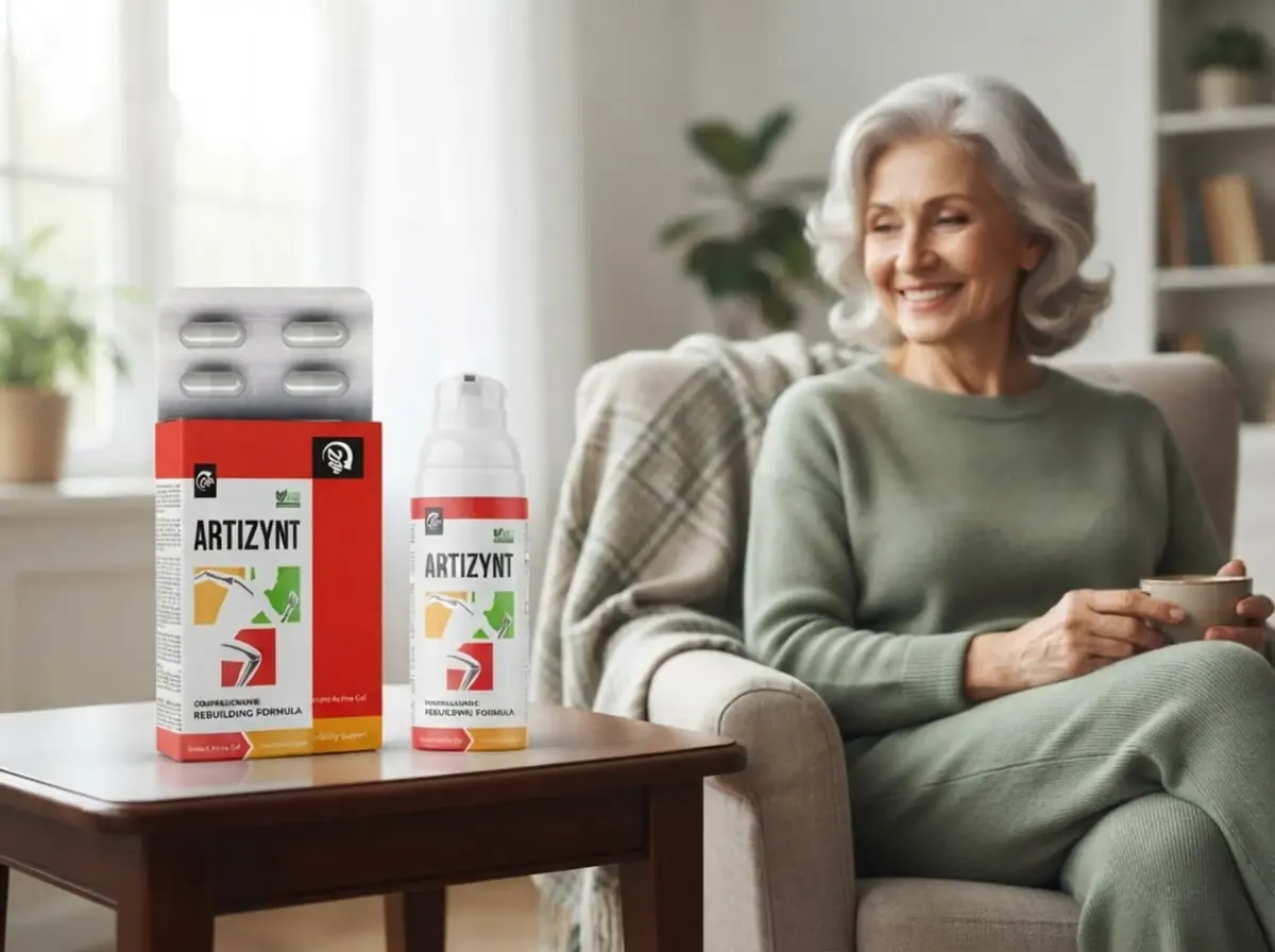 Mujer sonriente en casa junto a las cápsulas y el gel ArtiZynt