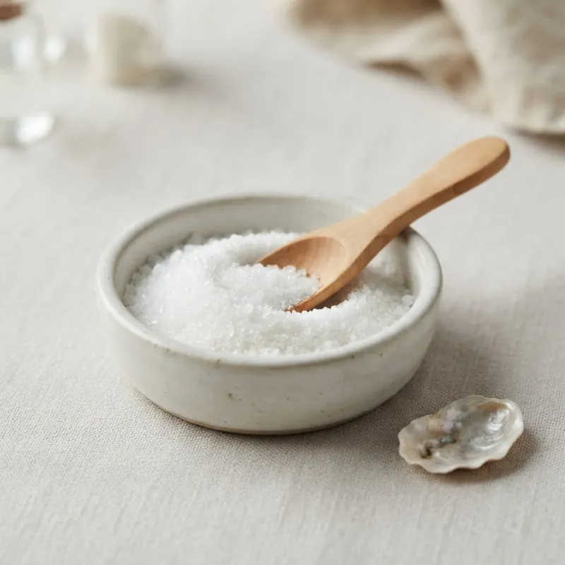 Weißes Glucosamin-Pulver in einer Keramikschale mit Holzlöffel