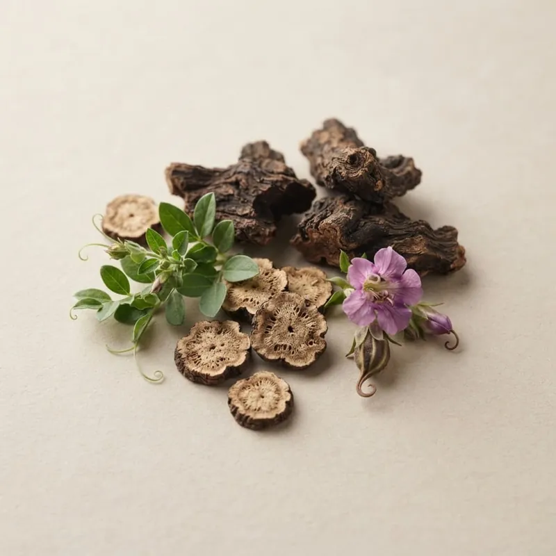 Radice essiccata di artiglio del diavolo con fiori e foglie