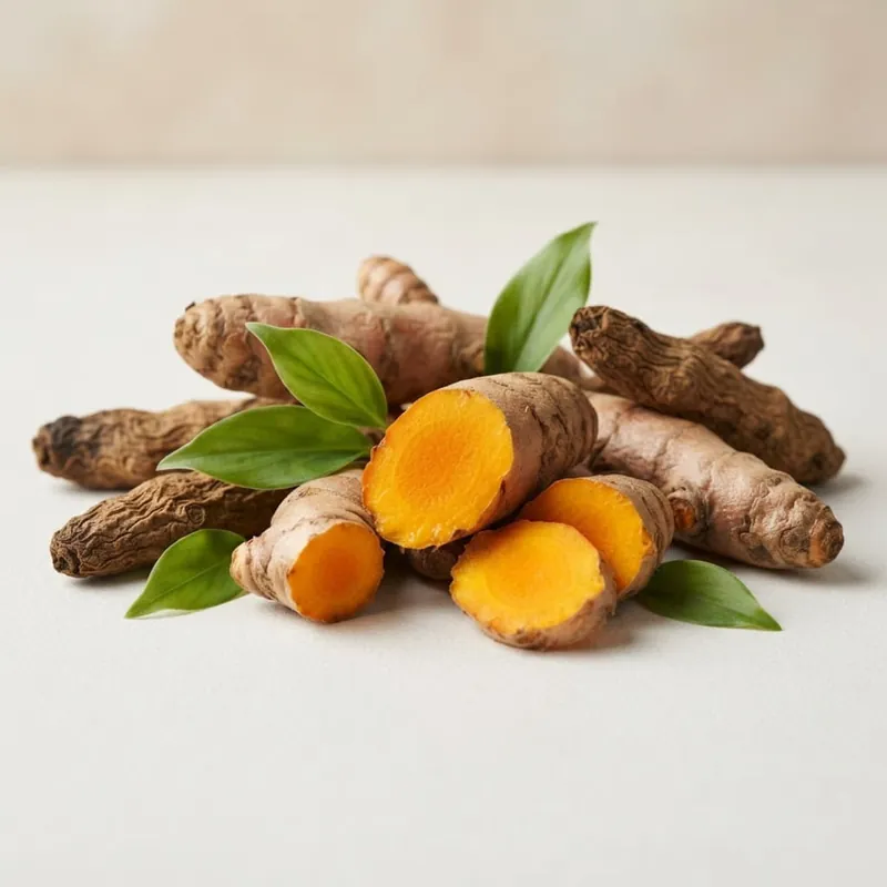 Frische Kurkumawurzeln, teils aufgeschnitten, mit grünen Blättern